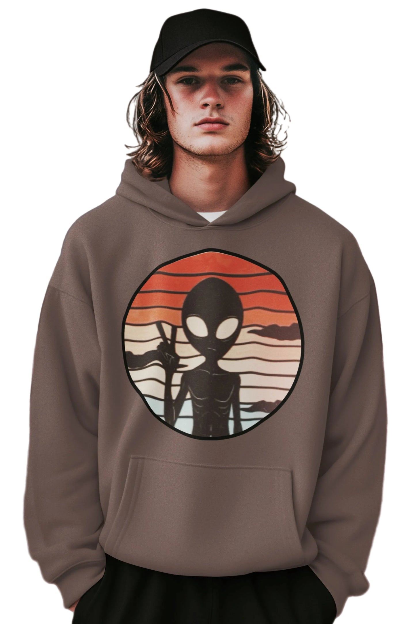 Adult hoodie featuring a vibrant alien art print by Elements Of Basic on a neutral background.