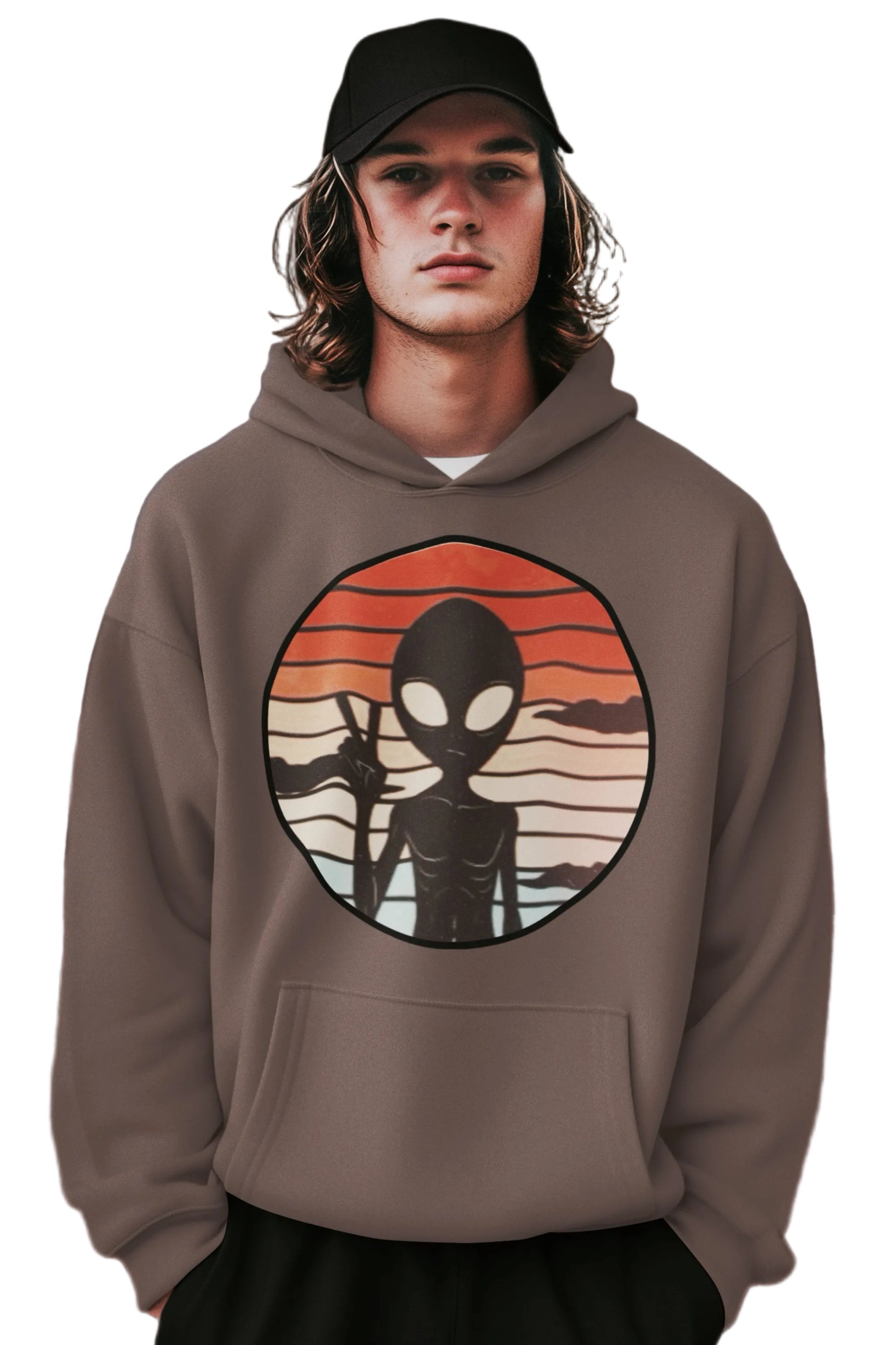 Adult hoodie featuring a vibrant alien art print by Elements Of Basic on a neutral background.