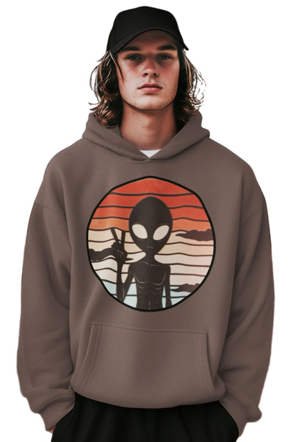 Adult hoodie featuring a vibrant alien art print by Elements Of Basic on a neutral background.
