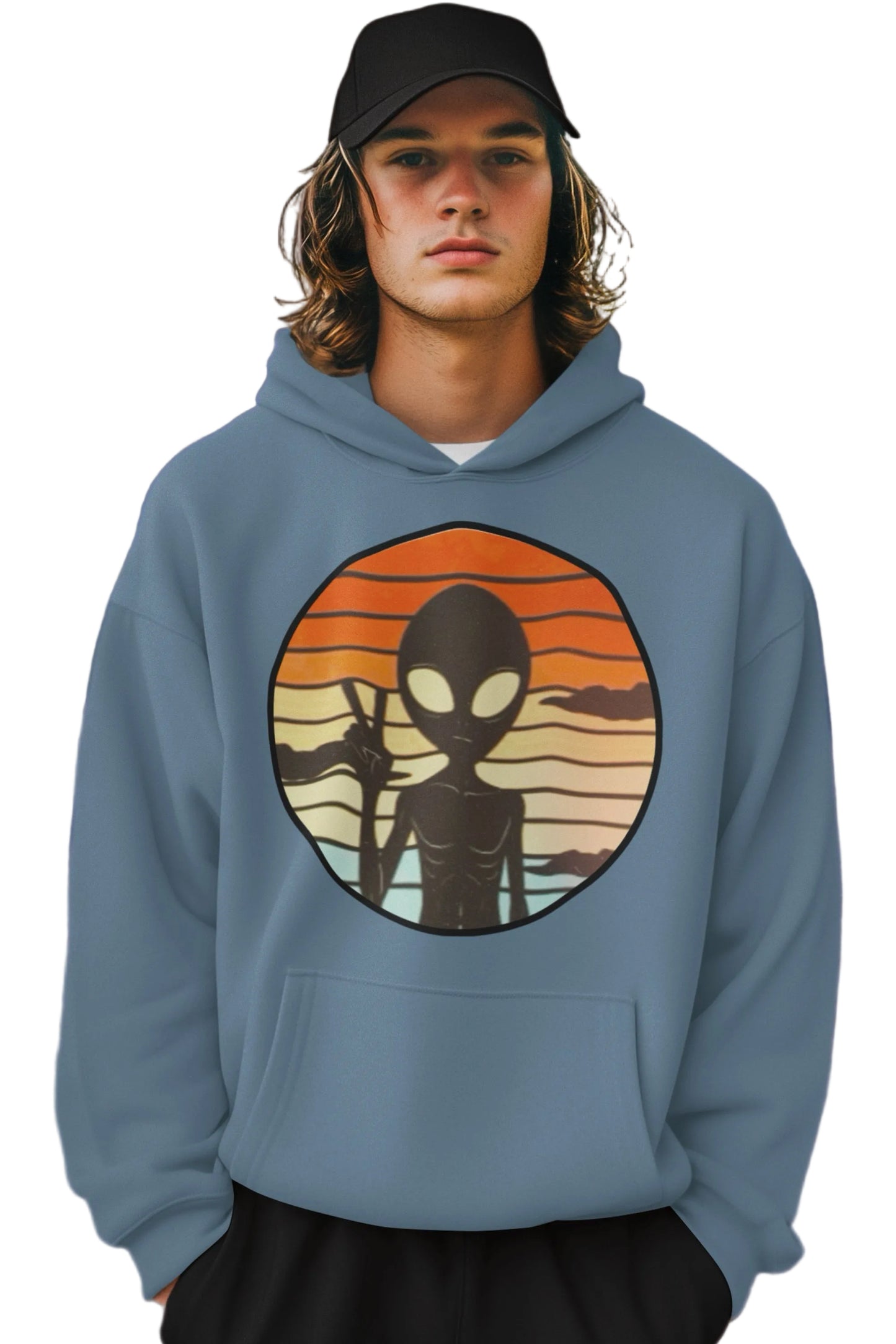 Adult Alien Art Print Hoodie by Elements Of Basic displayed on a mannequin with vibrant colors and unique graphic design.