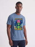 Slate blue unisex T-shirt with colorful alien graphic on the front