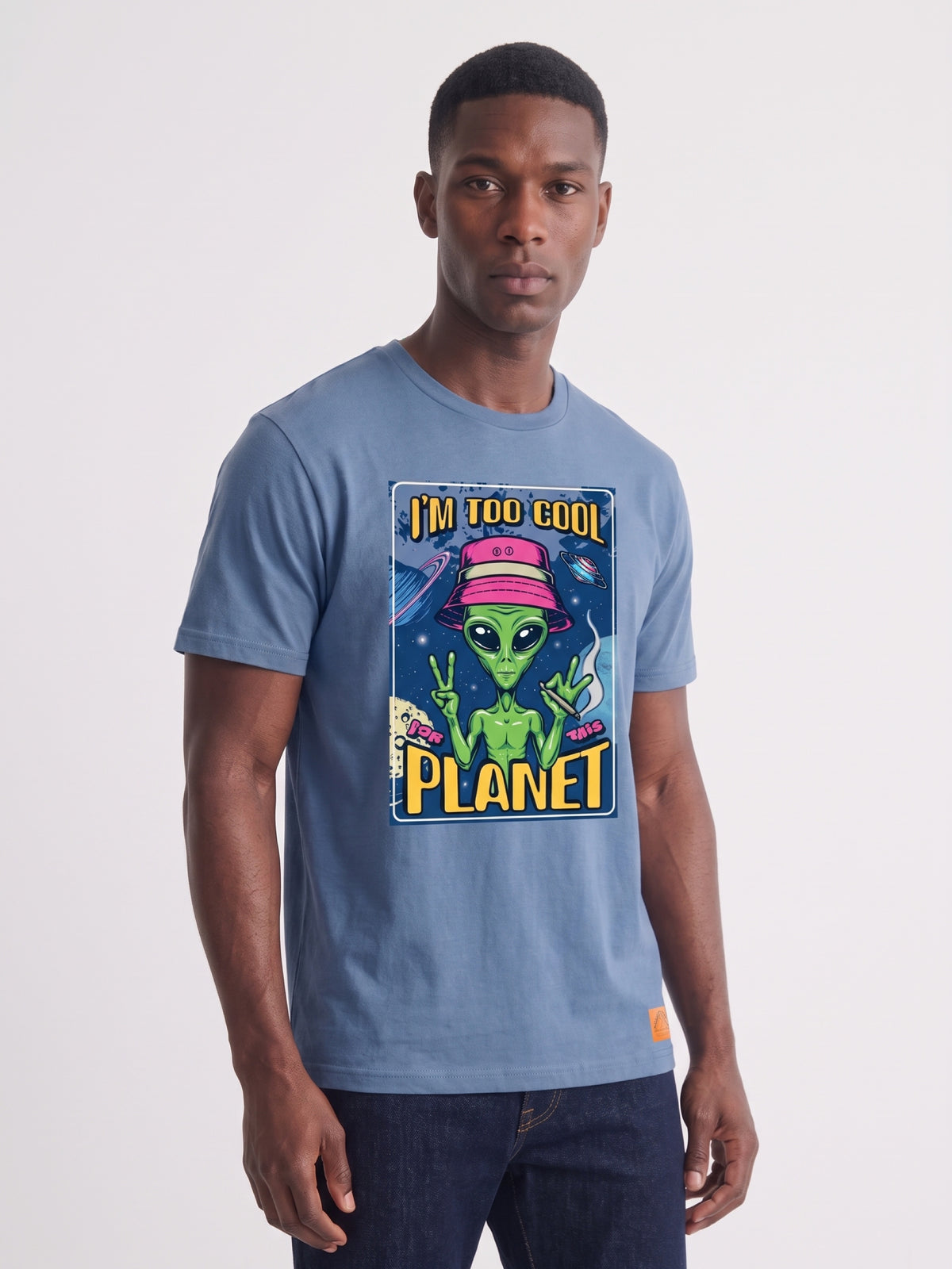 Slate blue unisex T-shirt with colorful alien graphic on the front