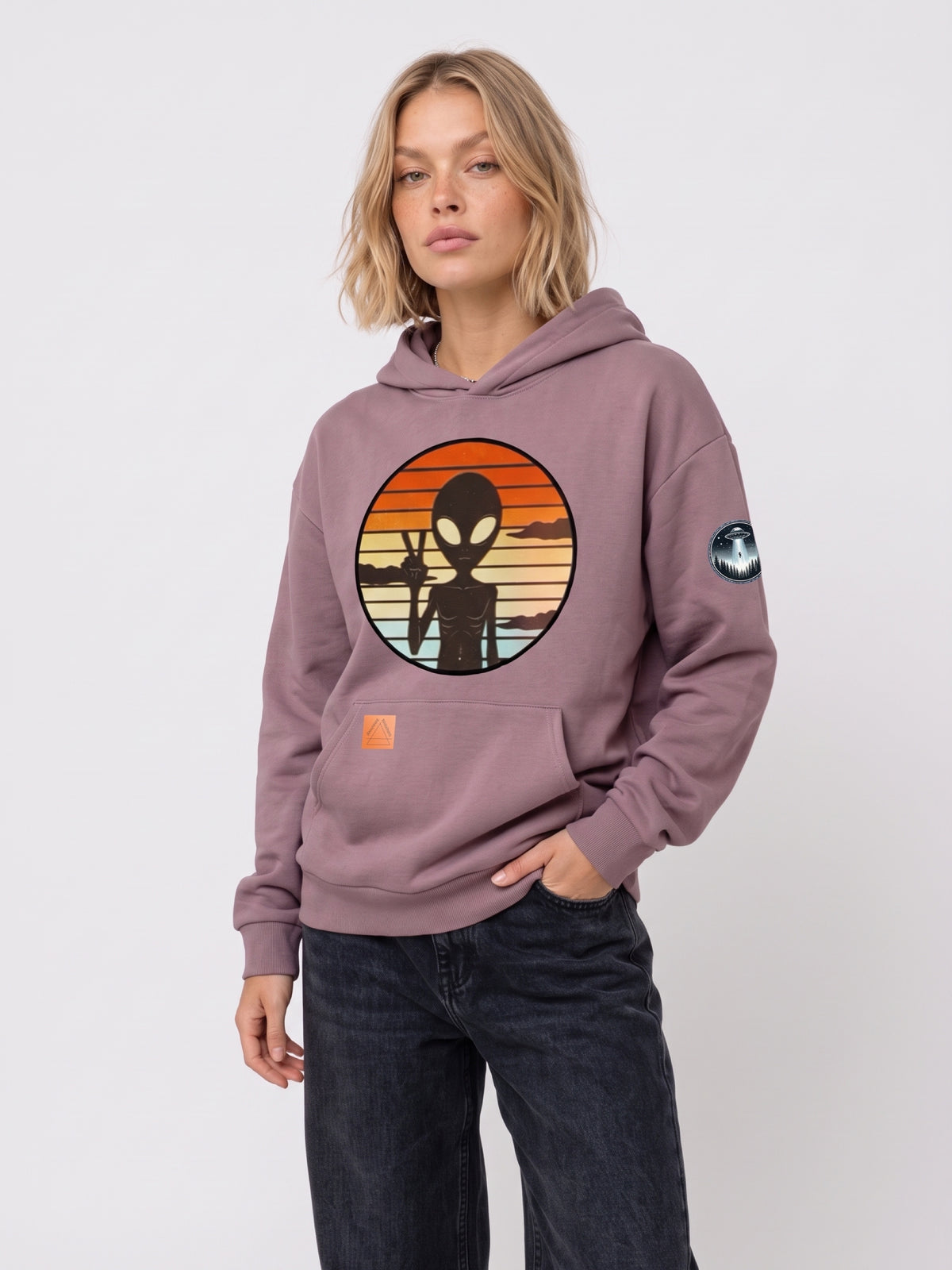 Dusty rose hoodie with alien circle graphic print and sleeve patch