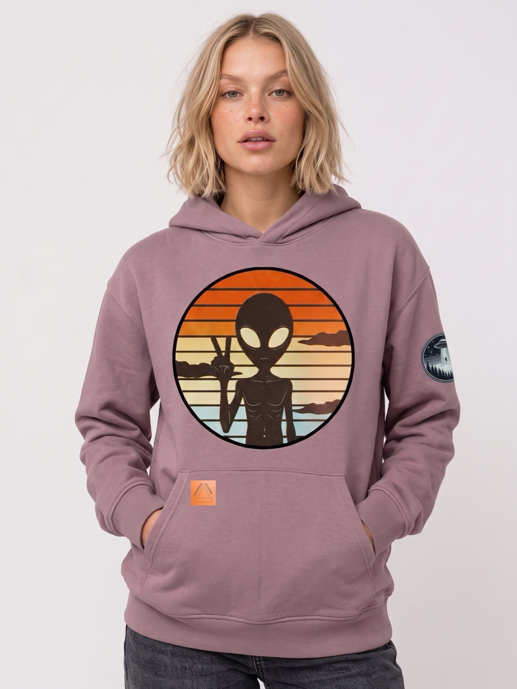 Dusty rose hoodie with alien circle graphic print and front kangaroo pocket