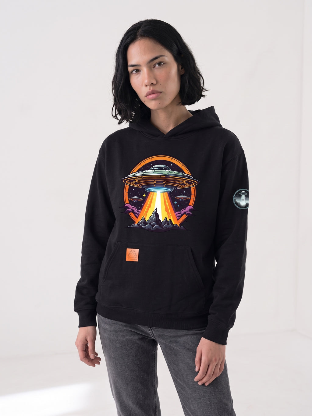 Black hoodie with UFO graphic, kangaroo pocket, hood, sleeve patch