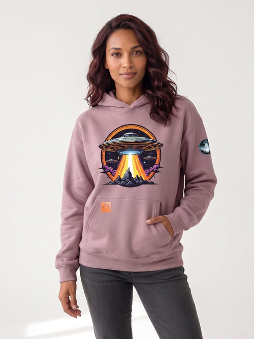 Dusty rose hoodie with UFO graphic, kangaroo pocket, hood, sleeve patch