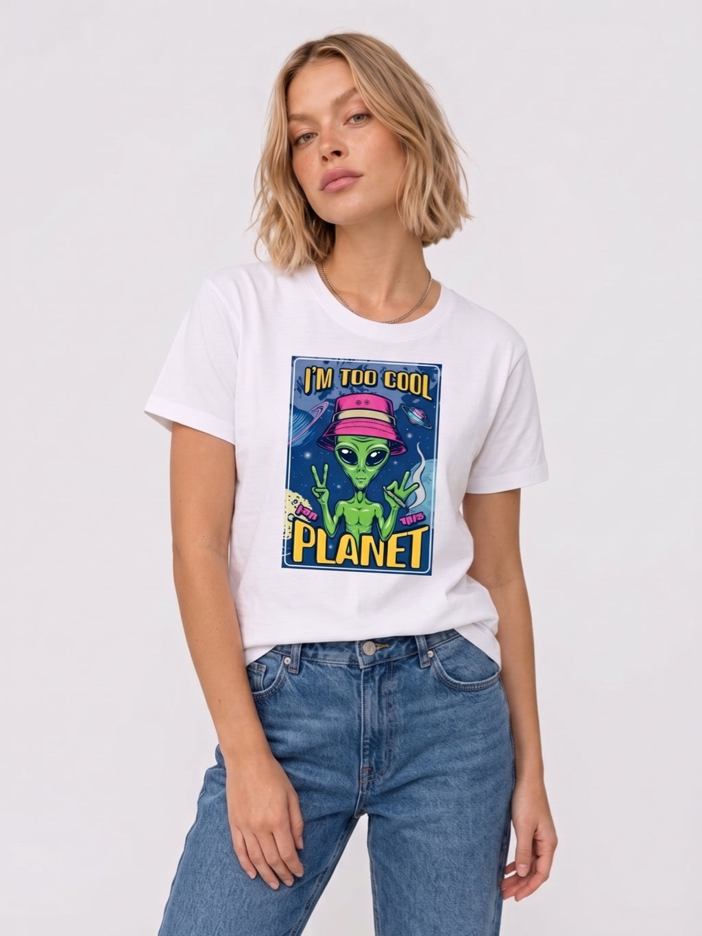 White unisex T-shirt with colorful alien graphic on the front