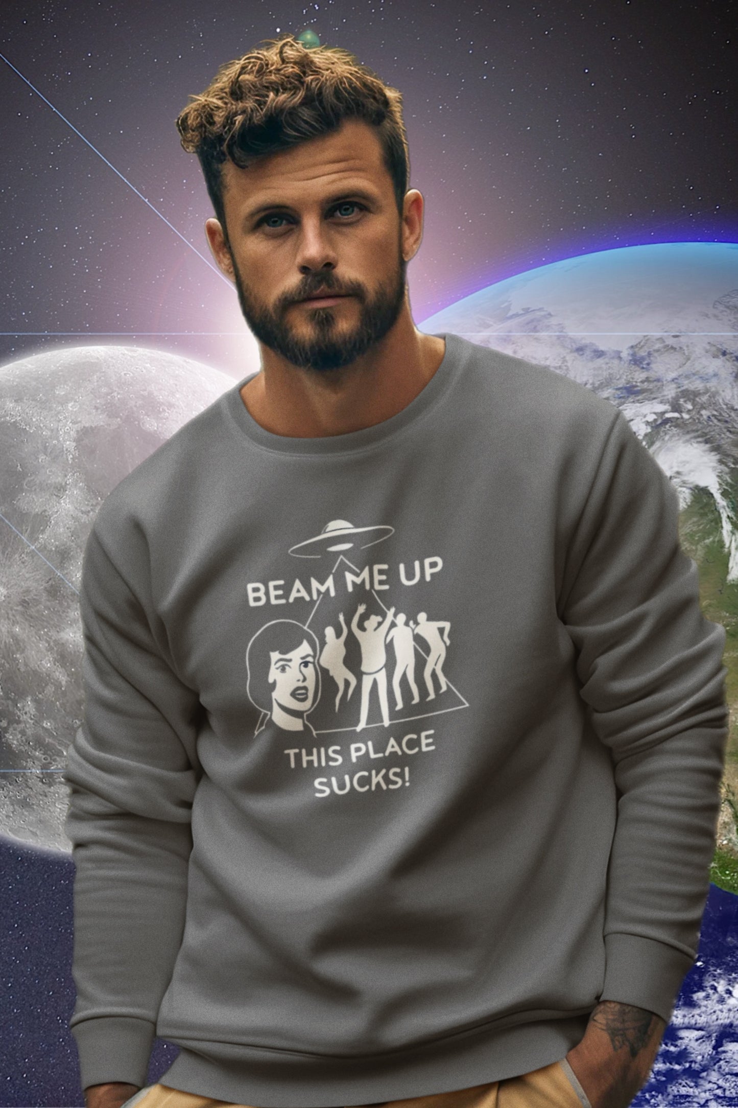 Cozy Beam Me Up sweatshirt by Elements Of Basic, featuring a stylish graphic design and relaxed fit in soft fabric.