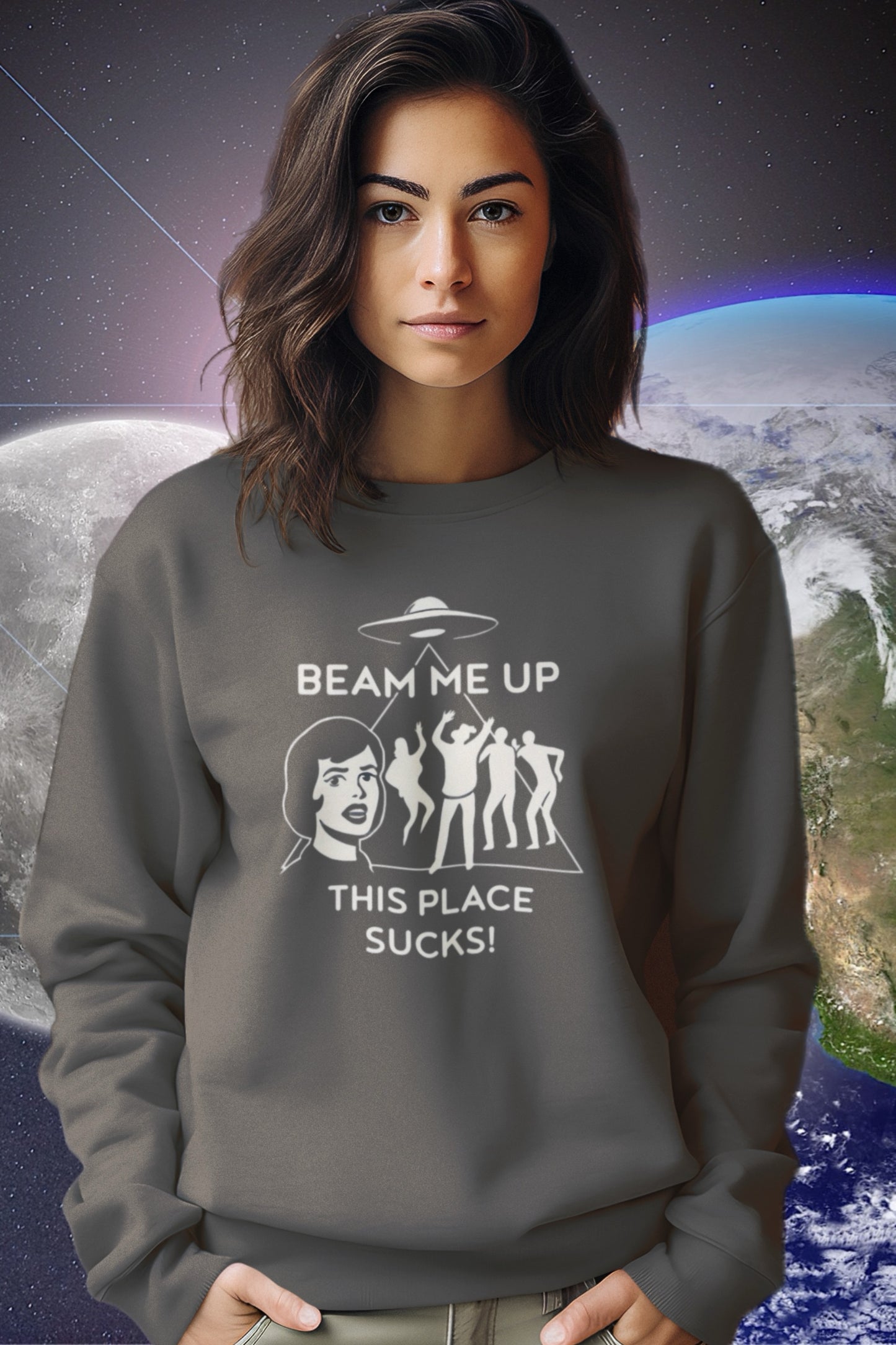 Cozy Elements Of Basic Beam Me Up sweatshirt in a relaxed fit with graphic design on a soft fabric background.