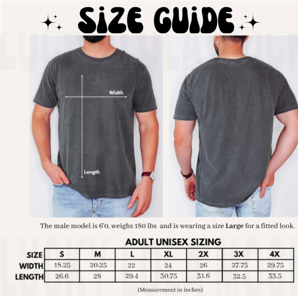 Unisex T-shirt size guide showing front and back views on dark tee