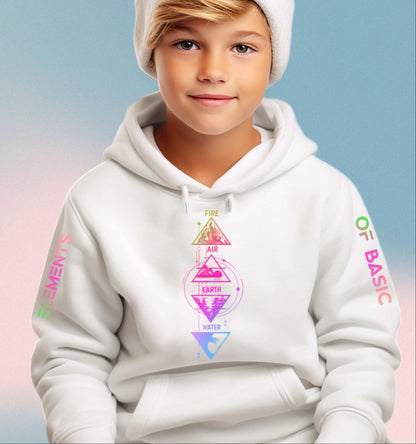 Youth hoodie from Elements Of Basic featuring a colorful 4 Elements graphic design on the front.