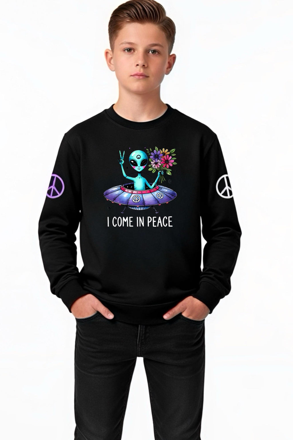 Black youth crewneck sweatshirt with alien peace graphic and long sleeves
