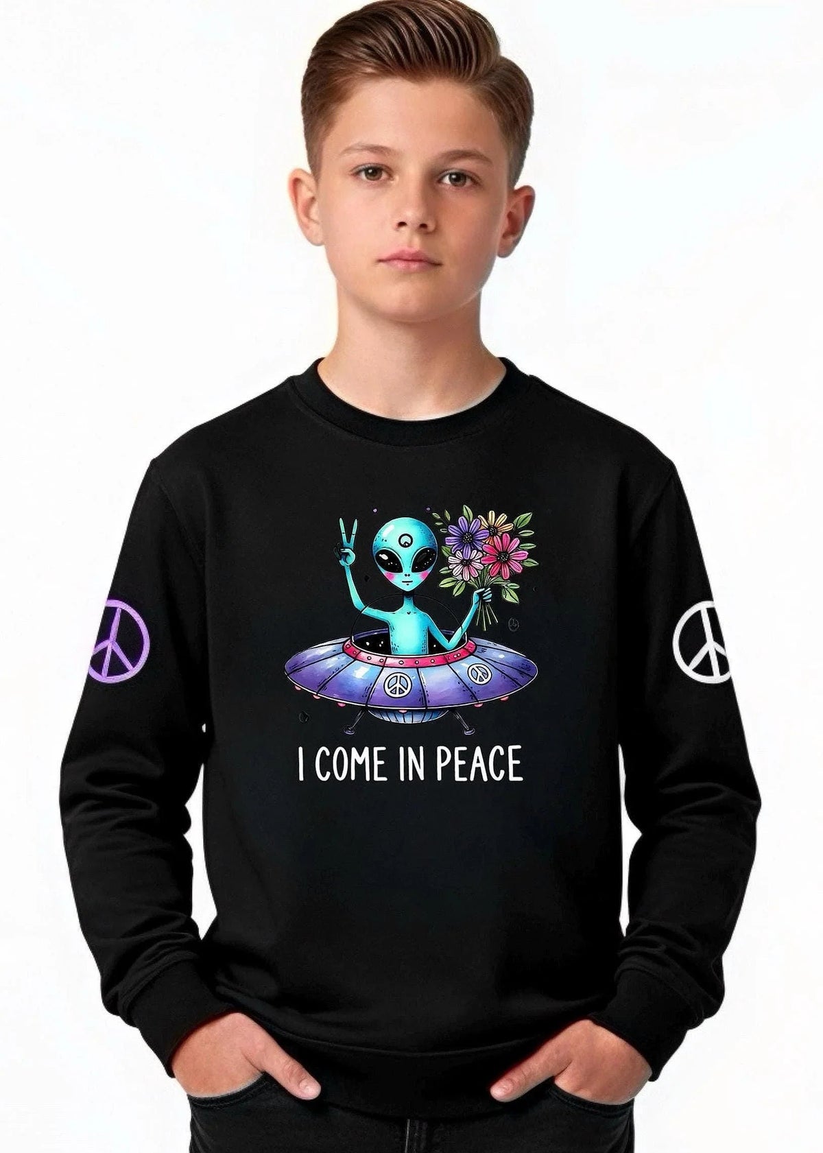 Youth black sweatshirt featuring a cute alien in a UFO with flowers and 'I Come In Peace' text.