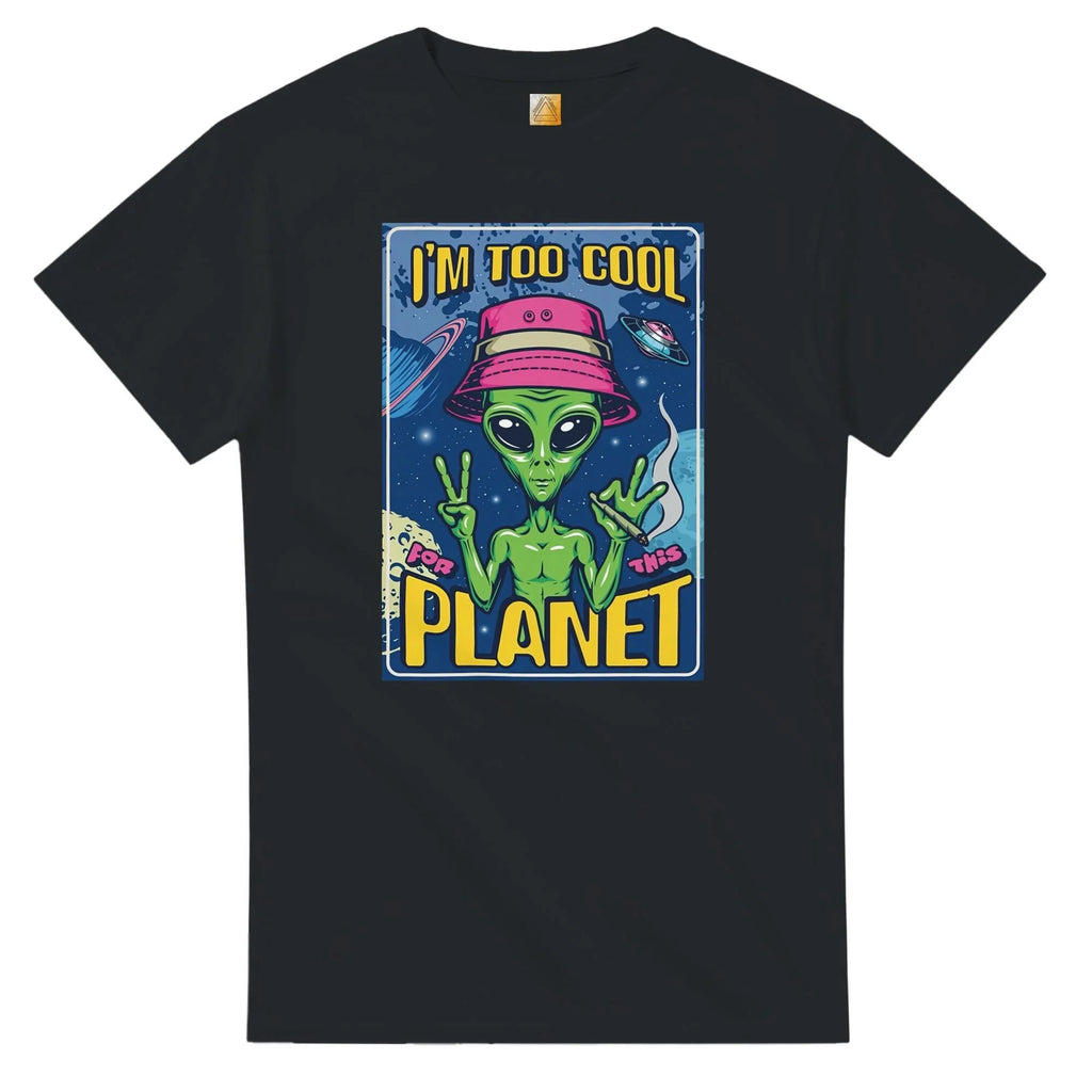 Black unisex crewneck t-shirt with green alien wearing a pink bucket hat and space graphic.