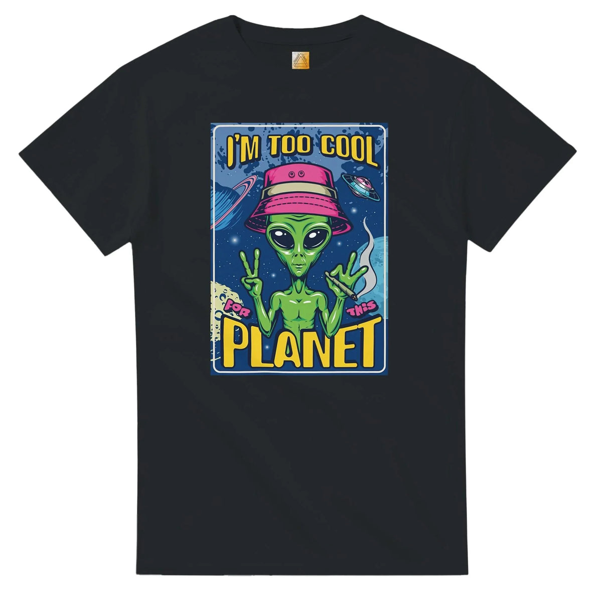 Black unisex crewneck t-shirt with green alien wearing a pink bucket hat and space graphic.