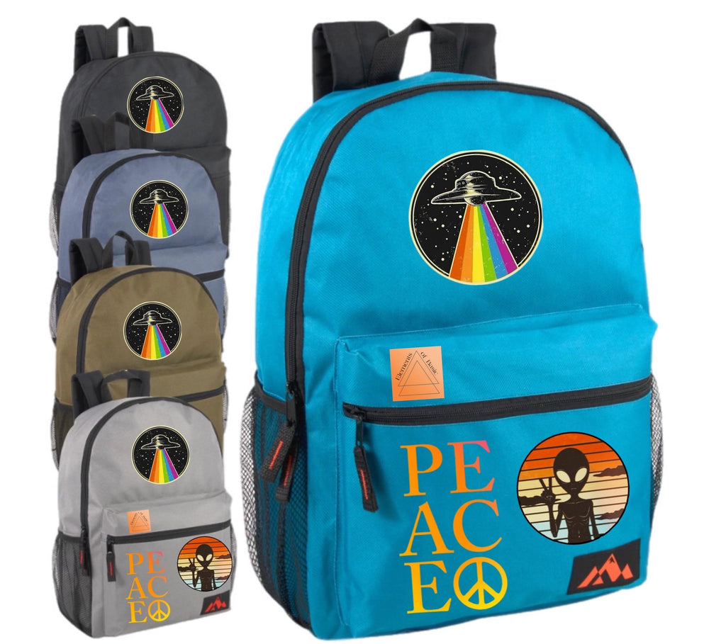 Aqua blue backpack with black trim, alien graphic front pocket and side mesh pockets