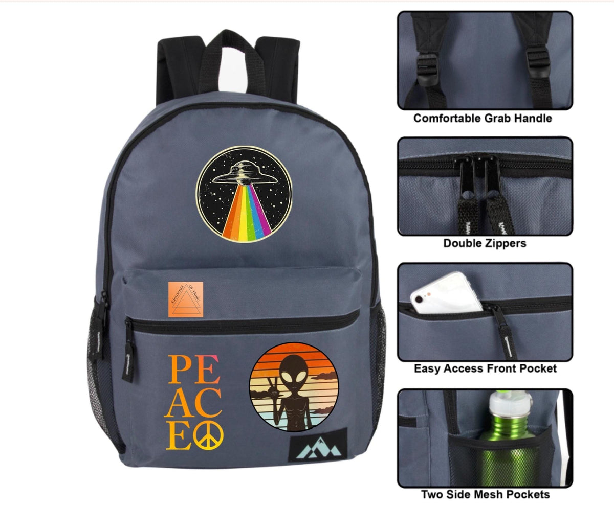 Gray backpack with alien graphic, double zippers, front pocket, and side mesh pockets