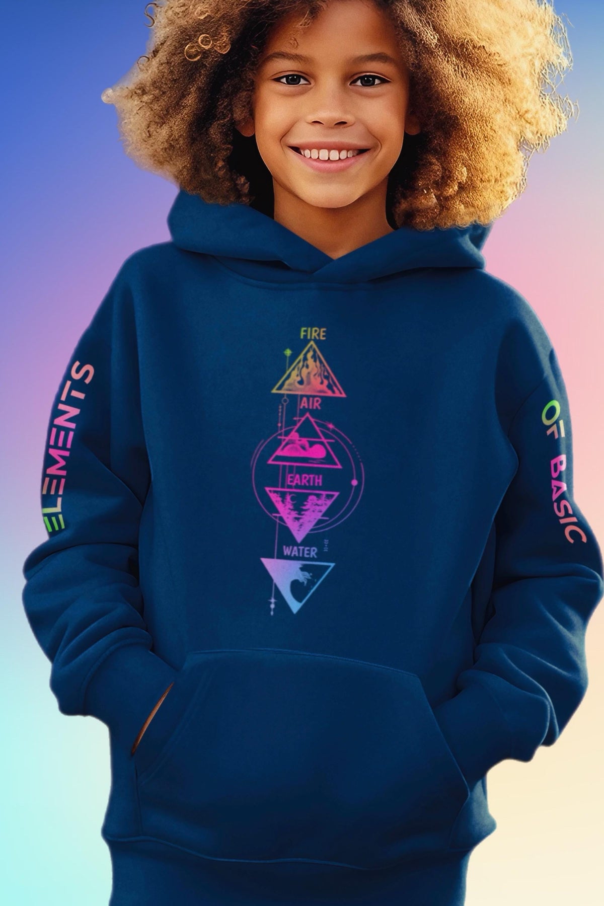 Navy-blue youth hoodie with four-elements triangle graphic, hood and kangaroo pocket.