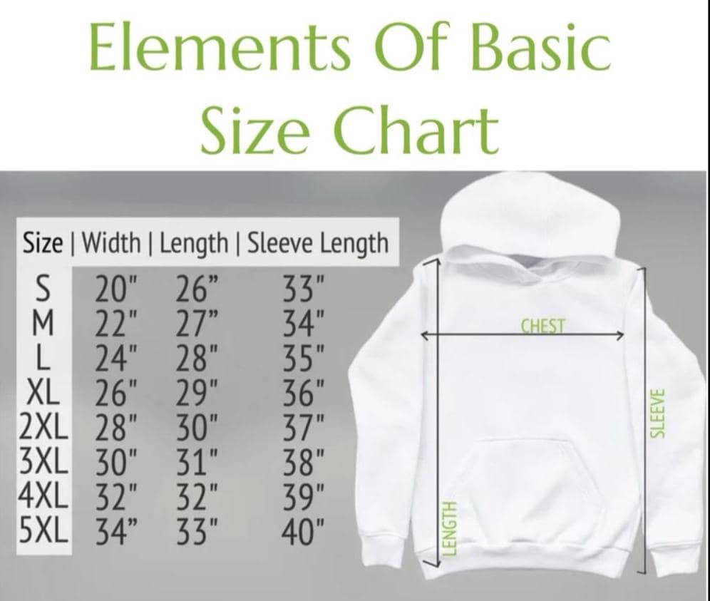 Hoodie size chart diagram with chest, length, and sleeve measurements
