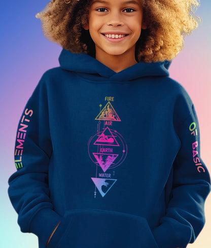 Elements Of Basic 4 Elements Hoodie in black featuring a front pocket and vibrant graphic design on the chest.