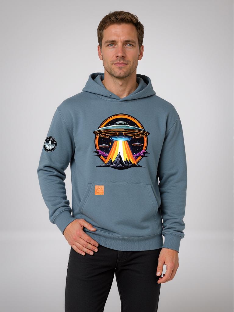 Men's denim-blue pullover hoodie with UFO graphic on chest and kangaroo pocket