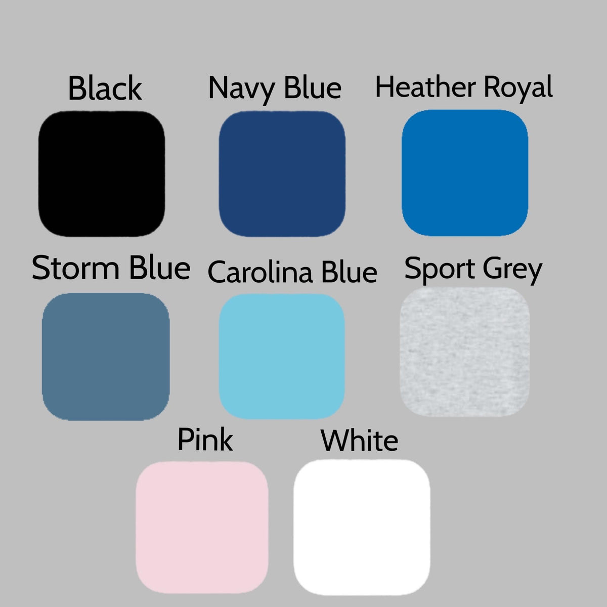 Hoodie color swatches: black, navy, royal, storm, pink, white.
