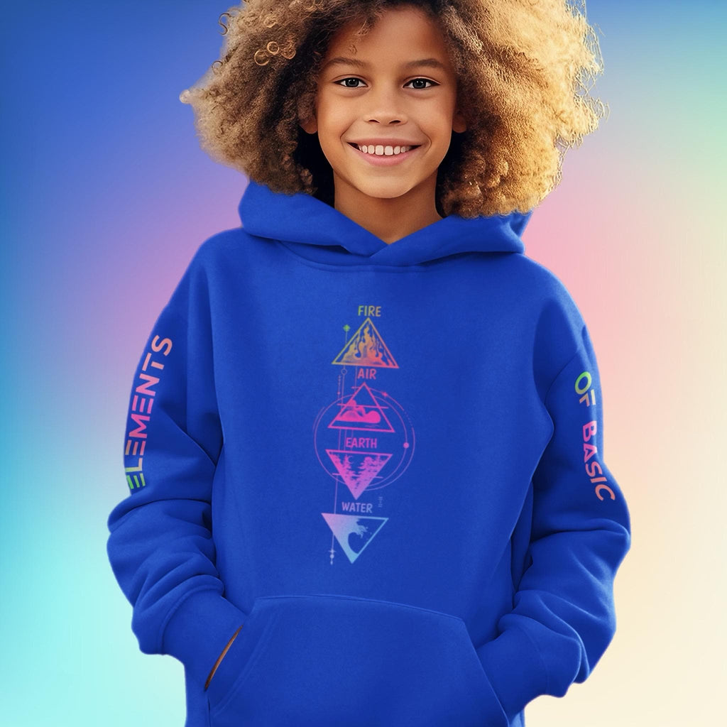 Royal blue youth hoodie with four-elements triangle graphic, hood and kangaroo pocket.