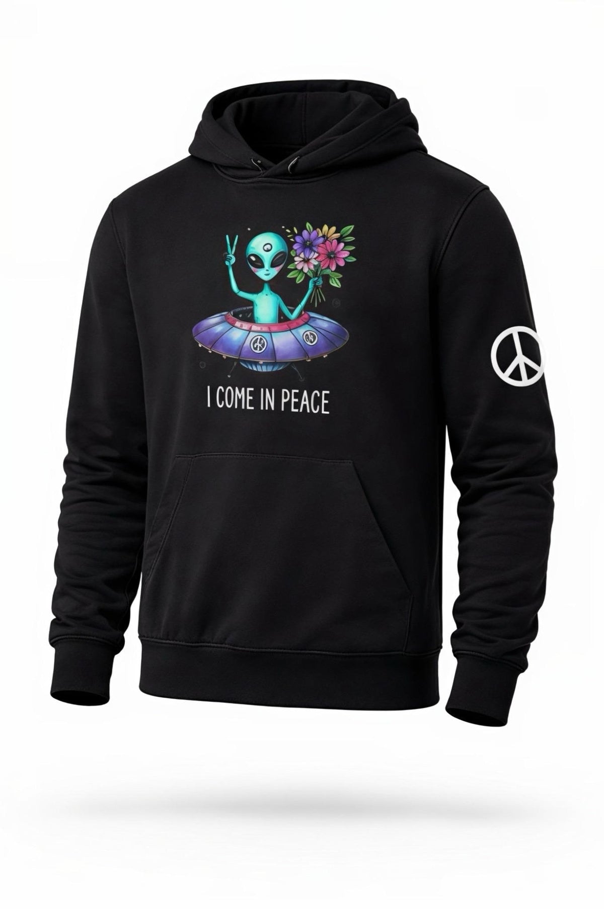 Kids alien spaceship hoodie, black pullover with alien peace graphic and hood front pocket
