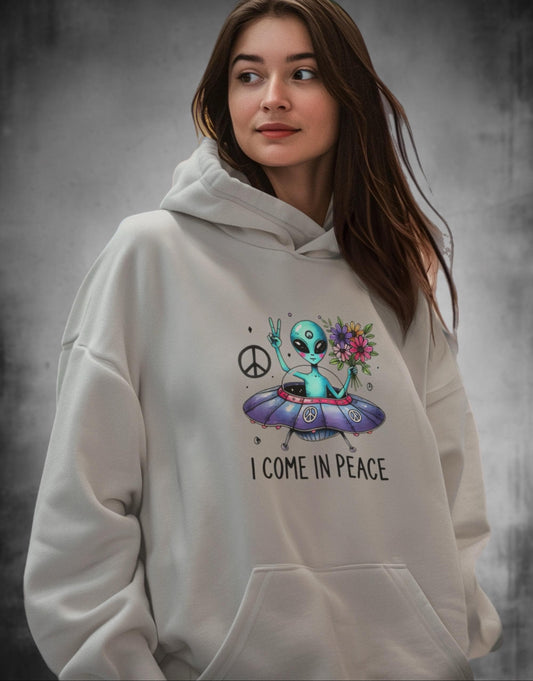 UFO Print Adult Hoodie – Fun Alien Space Adventure Outfit Funny UFO Alien Graphic Hoodie Premium Material Unisex fit